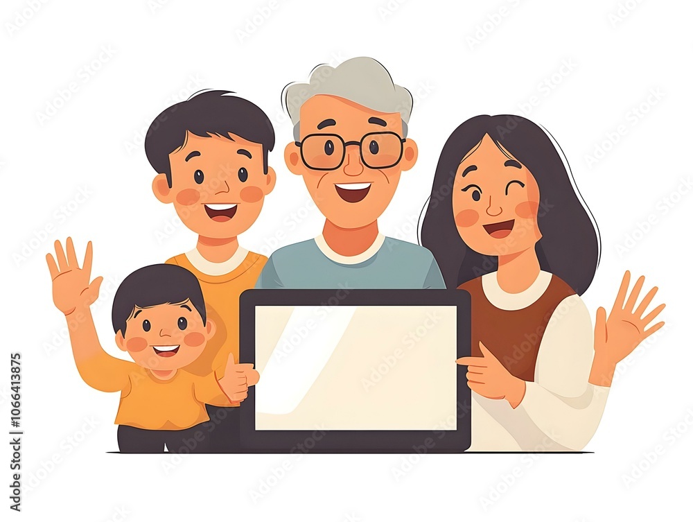 Flat Family Video Calling Grandparents on Tablet - Candid Family Gathering with Smiling Faces, Joyful Connections, and Technology Bonding Across Distances in Simple Flat Vector Illustration Flat Family Video Calling Grandparents on Tablet - Candid Family Gathering with Smiling Faces, Joyful Connections, and Technology Bonding Across Distances in Simple Flat Vector Illustration