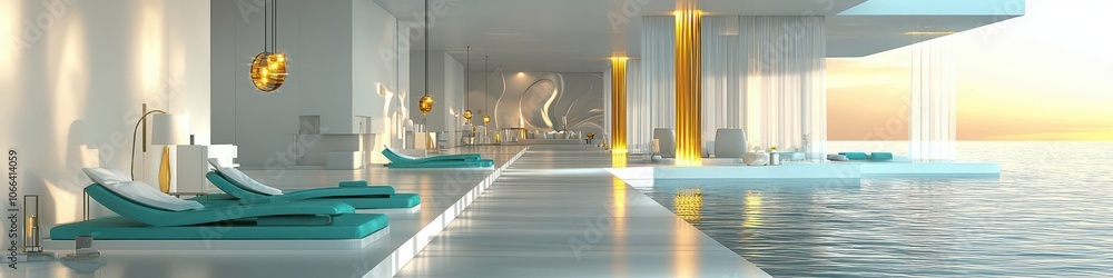 High-resolution 3D image of a home on water with turquoise and gold accents. High-resolution 3D image of a home on water with turquoise and gold accents.
