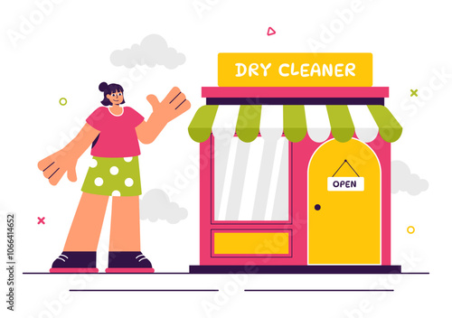 Dry Cleaning Store Service Vector Illustration featuring Washing Machines, Dryers, and Laundry Services for Clean and Fresh Clothing in a Background