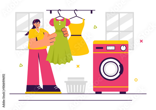 Dry Cleaning Store Service Vector Illustration featuring Washing Machines, Dryers, and Laundry Services for Clean and Fresh Clothing in a Background