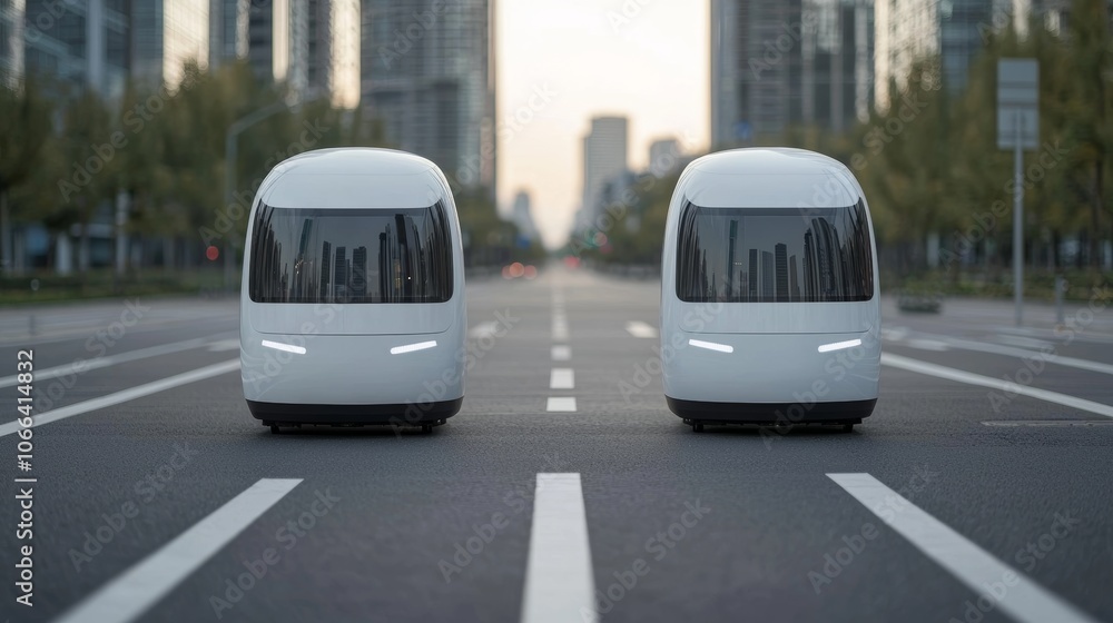 Obraz premium Autonomous Buses Navigating Modern City Streets