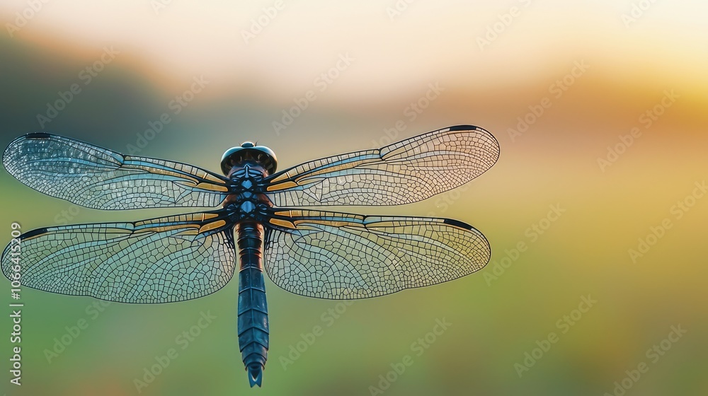 Explore the graceful flight of a dragonfly against a serene natural background Explore the graceful flight of a dragonfly against a serene natural background