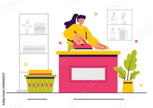 Dry Cleaning Store Service Vector Illustration featuring Washing Machines, Dryers, and Laundry Services for Clean and Fresh Clothing in a Background