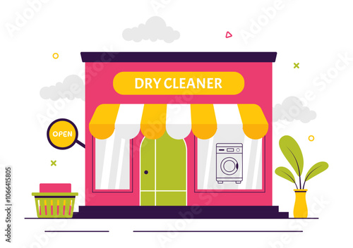 Dry Cleaning Store Service Vector Illustration featuring Washing Machines, Dryers, and Laundry Services for Clean and Fresh Clothing in a Background