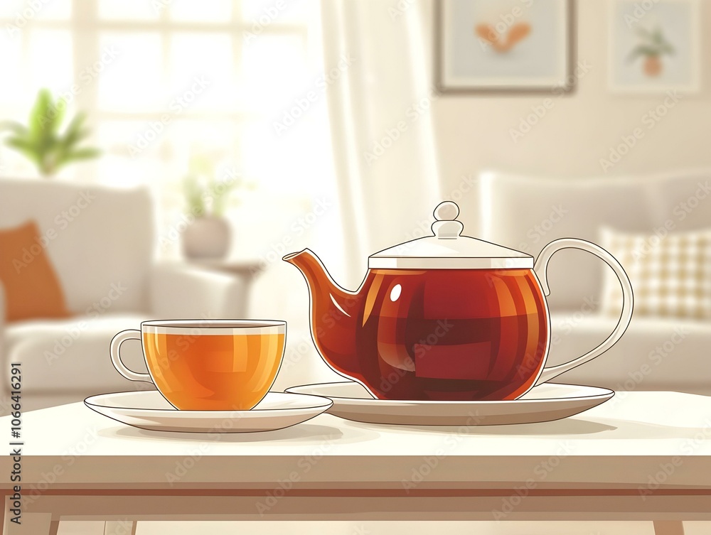 Flat Bokeh Effect Teapot Cups Coffee Table Cozy Living Room Close Up Shallow Focus Warm Inviting Atmosphere Hot Drink Comfort Simple Vector Illustration Flat Bokeh Effect Teapot Cups Coffee Table Cozy Living Room Close Up Shallow Focus Warm Inviting Atmosphere Hot Drink Comfort Simple Vector Illustration
