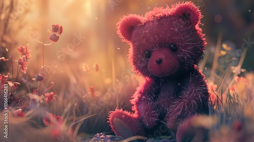 A Pink Teddy Bear Sitting in a Field of Flowers - A Dreamy and Nostalgic Image