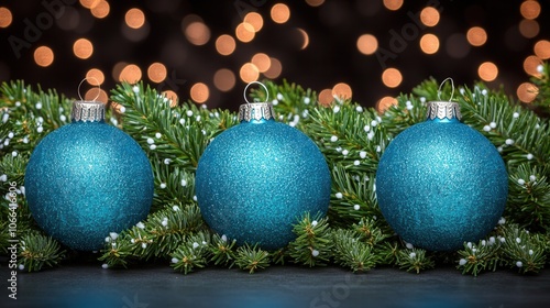 Three blue Christmas ornaments nestled in green pine branches against a blurred background of warm festive lights, creating a cozy holiday ambiance.