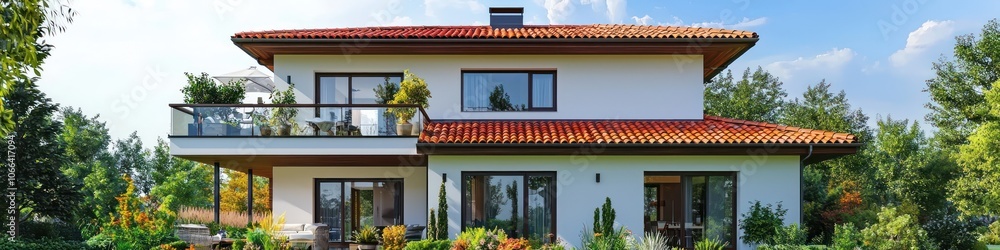 Fototapeta premium Red-tiled roof house with balconies, garden, under clear sky.
