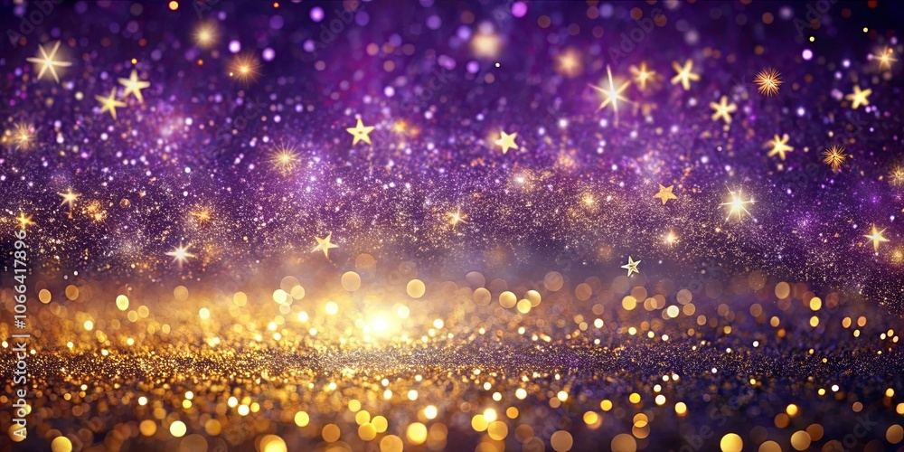 Obraz premium A celestial tapestry of shimmering gold and purple hues, where twinkling stars ignite a mystical glow, creating an enchanting atmosphere of magic and wonder.