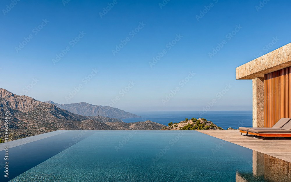 Fototapeta premium Stunning infinity pool overlooking mountains and ocean in a serene coastal location