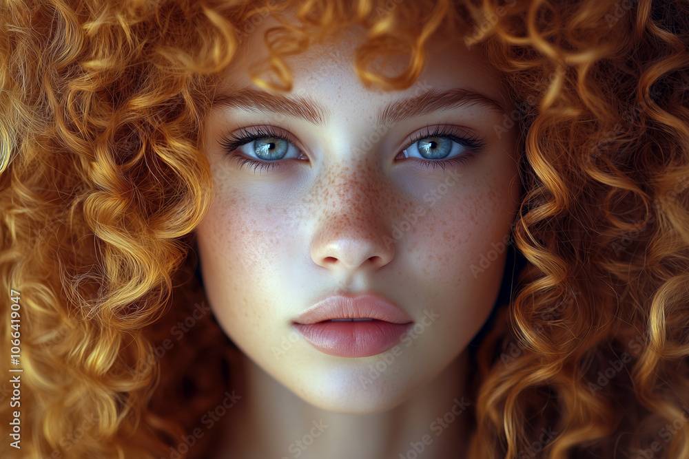 Fototapeta premium Captivating close-up of a young woman with vibrant curly red hair and striking blue eyes