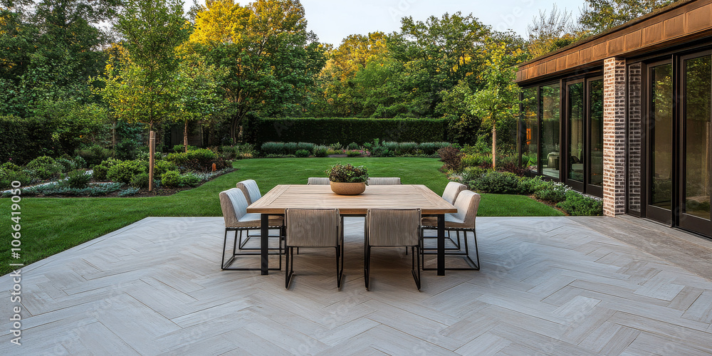 Elegant outdoor dining area with wooden table and chairs in a lush residential garden at sunset Elegant outdoor dining area with wooden table and chairs in a lush residential garden at sunset