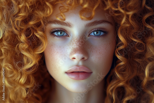 Captivating close-up of a young woman with vibrant curly red hair and striking blue eyes