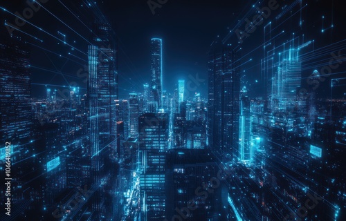 Cyberpunk Cityscape: Digital Network Overlapping with Skyscrapers