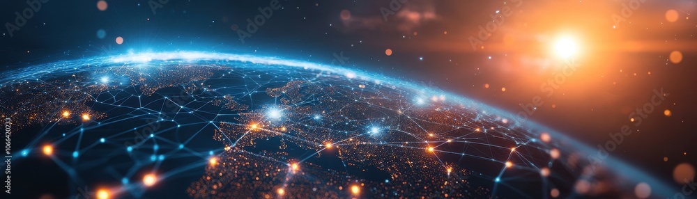 Obraz premium Global Network Connections on Earth from Space with Glowing Nodes and Lines at Sunrise