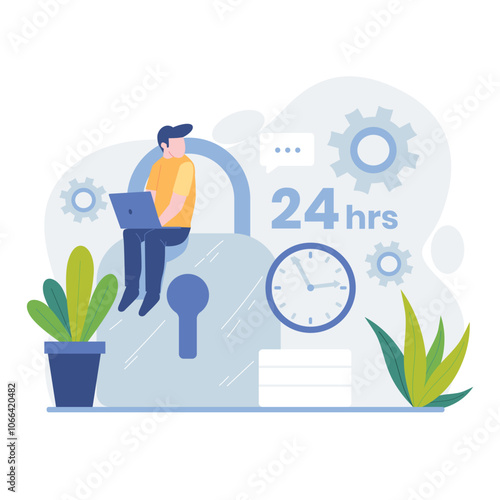 Person using laptop with large padlock, clock, gears, and plants symbolizing 24 hour work. Suitable for cybersecurity or time management concepts.