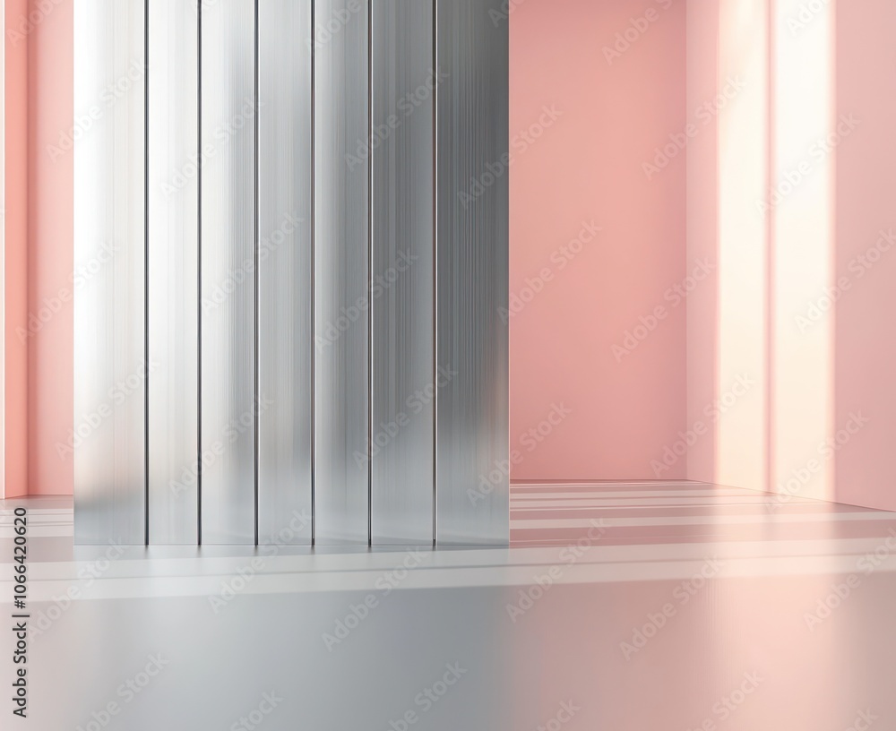 Modern room design with silver panels and a soft pink backdrop. Modern room design with silver panels and a soft pink backdrop.