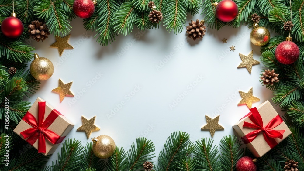 Festive holiday decorations featuring pine branches, ornaments, and gift boxes arranged on a white background for a seasonal celebration Festive holiday decorations featuring pine branches, ornaments, and gift boxes arranged on a white background for a seasonal celebration