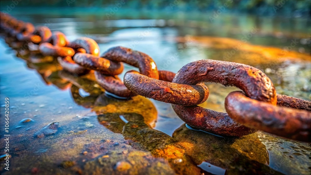 A Close-up of a Rusty Chain, Partially Submerged in a Shallow Pool of Water, Reflecting the Warm Hues of the Setting Sun A Close-up of a Rusty Chain, Partially Submerged in a Shallow Pool of Water, Reflecting the Warm Hues of the Setting Sun