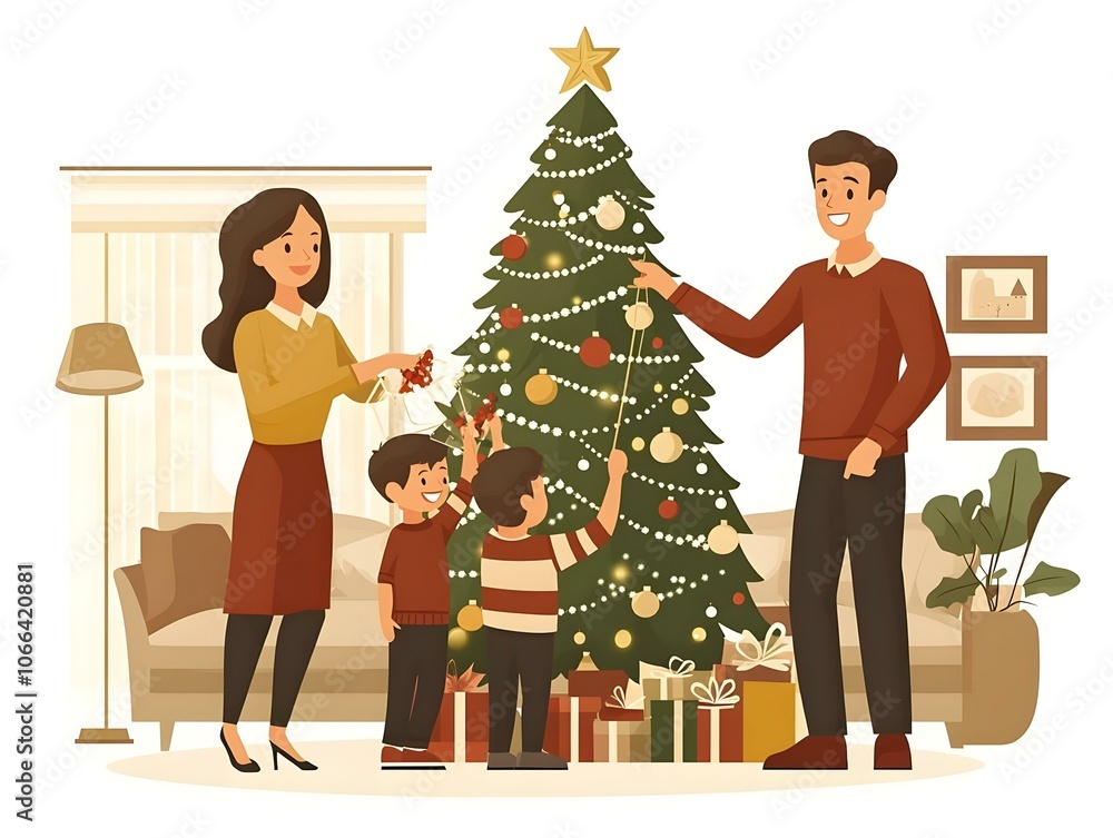 Flat Family Christmas Tree Decorating Living Room Cozy Holiday Traditions Vector Illustration Candid Family Moments Festive Decorations Warm Lighting Togetherness Joyful Moments Flat Family Christmas Tree Decorating Living Room Cozy Holiday Traditions Vector Illustration Candid Family Moments Festive Decorations Warm Lighting Togetherness Joyful Moments