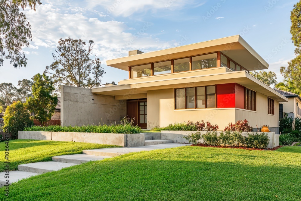 Contemporary Sydney home with beige and red walls, concrete exterior. Contemporary Sydney home with beige and red walls, concrete exterior.