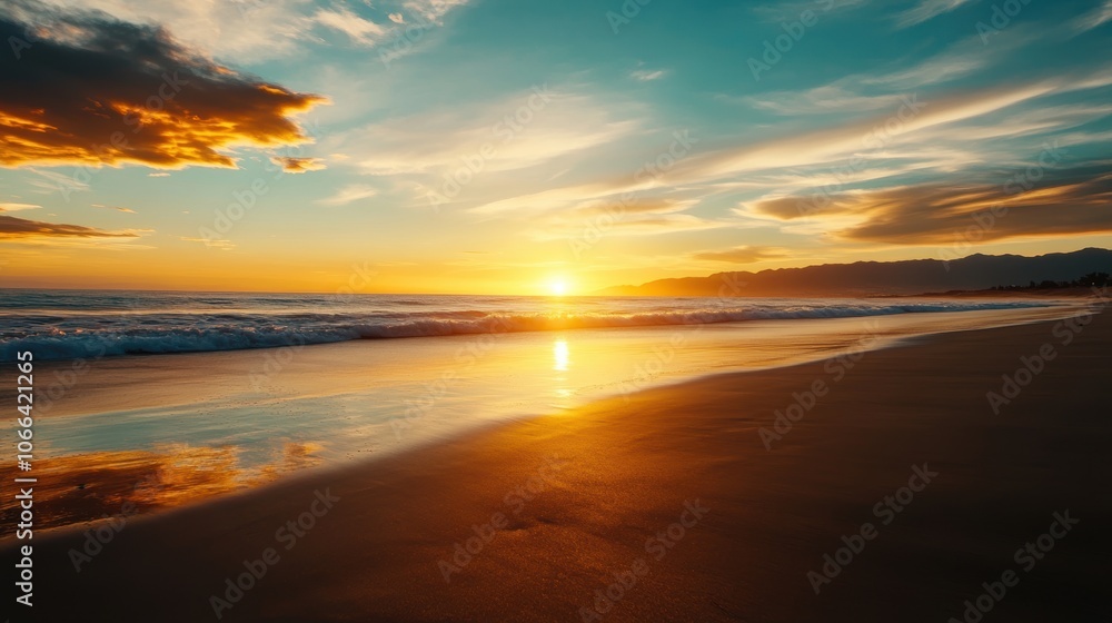 Obraz premium A stunning beach sunset, with the sun casting vibrant hues over the waves and the shoreline.