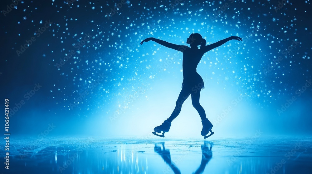 A graceful ice skater performs under a sparkling blue light, capturing the elegance of the sport. A graceful ice skater performs under a sparkling blue light, capturing the elegance of the sport.