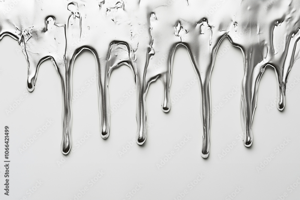 Silvery dripping, melting metal on a white background, sticker-like art with simple shapes. Silvery dripping, melting metal on a white background, sticker-like art with simple shapes.