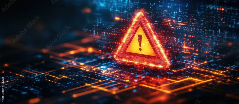 Fototapeta premium Futuristic Digital Warning Sign with Glowing Circuit Board Background in High-Tech Cybersecurity Concept