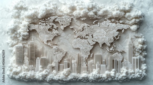 Artistic Concept of a Cloudy World Map with Cities #1066421659