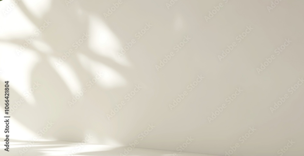 Modern, minimal empty cream white counter table top in dappled sunlight, leaf foliage shadow on wall for luxury organic fashion, beauty, cosmetic, skincare, body care product display background 3D Modern, minimal empty cream white counter table top in dappled sunlight, leaf foliage shadow on wall for luxury organic fashion, beauty, cosmetic, skincare, body care product display background 3D