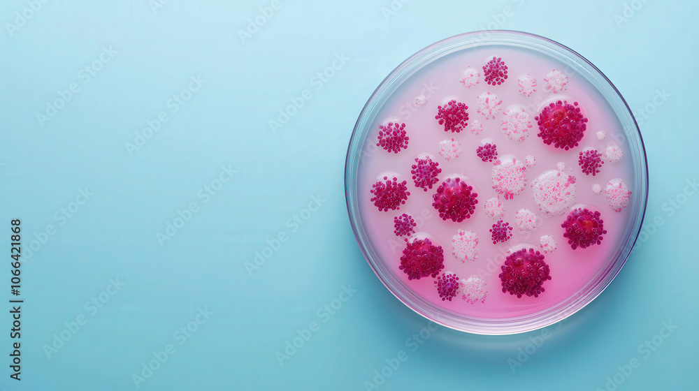 Petri dish with diverse bacteria cultures in pink medium, showcasing vibrant growth patterns and colors, illustrating microbiological research and experimentation Petri dish with diverse bacteria cultures in pink medium, showcasing vibrant growth patterns and colors, illustrating microbiological research and experimentation