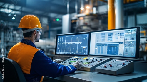 Industrial Automation Control Rooms: Create a detailed scene of a control room where engineers monitor and control automated industrial processes