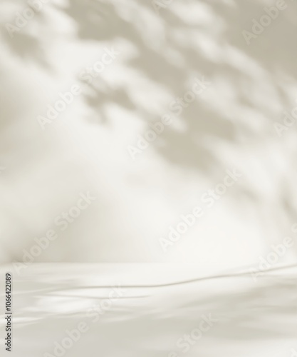 Modern, minimal empty cream white counter table top in dappled sunlight, leaf foliage shadow on wall for luxury organic fashion, beauty, cosmetic, skincare, body care product display background 3D