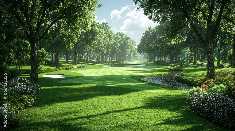 Naklejka premium Scenic Golf Course with Lush Green Fairways and Trees