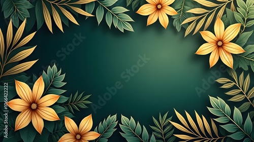 Luxurious gold and green nature vector background. Floral pattern, overlay plant with gold leaves plant with shadows art, vector illustration