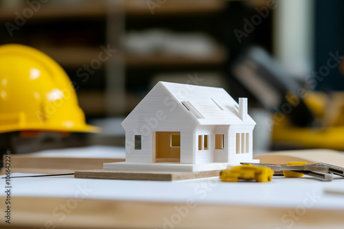 Architect's desk displays a 3d printed model of a custom home, surrounded by tools and a hardhat, highlighting modern construction methods photo