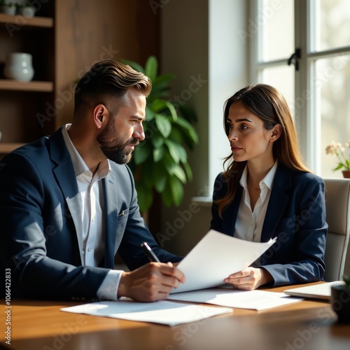 Real estate agent explaining contract to client in office real estate 