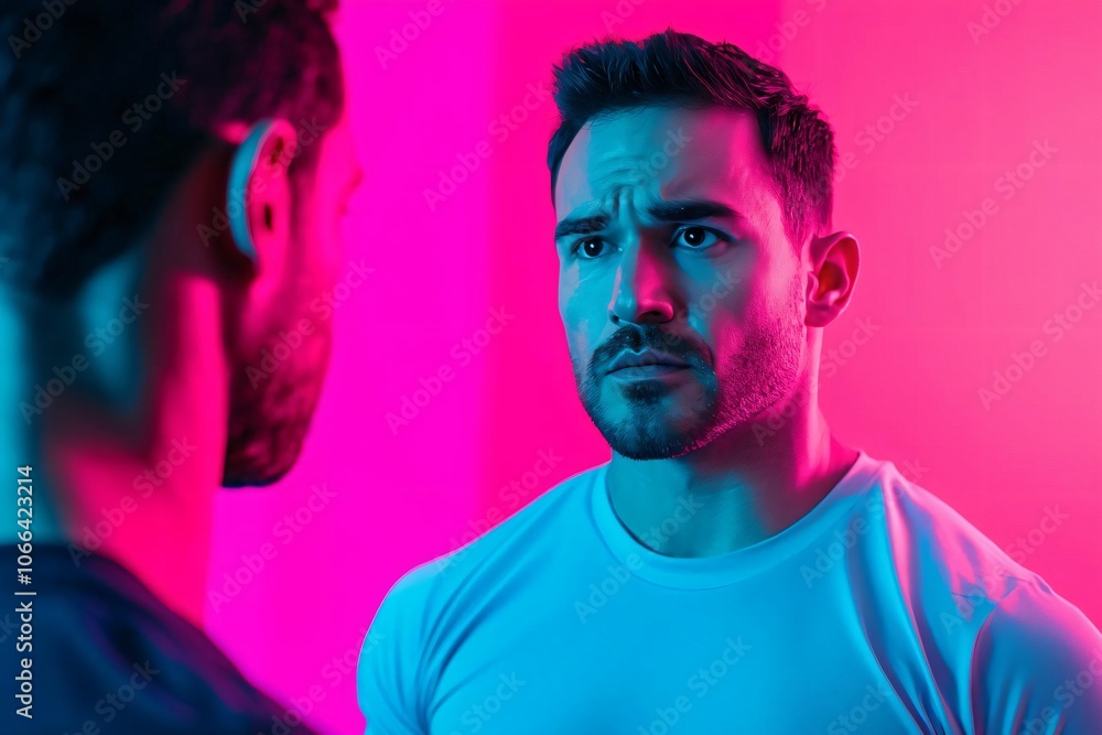 Intense moment captured between two men in vibrant pink and blue lights, showcasing emotion and connection. Intense moment captured between two men in vibrant pink and blue lights, showcasing emotion and connection.