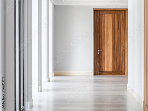 Modern corridor featuring a wooden door and sleek design in a contemporary building photo