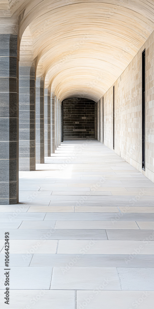 Obraz premium A tranquil corridor with arches and smooth stone flooring in a modern architectural space
