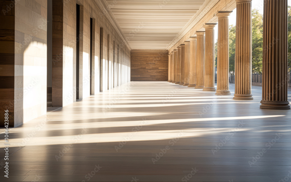 Sunlight streaming through columns at a historic building's corridor during early morning hours Sunlight streaming through columns at a historic building's corridor during early morning hours