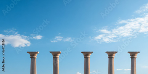 Ancient stone pillars stand in a row under a bright blue sky during daytime