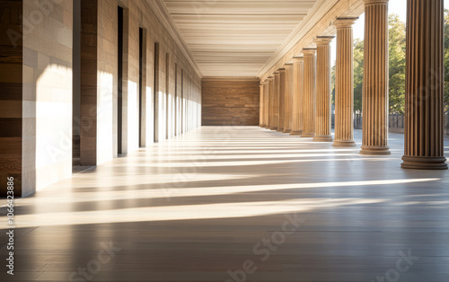 Sunlight streaming through columns at a historic building's corridor during early morning hours