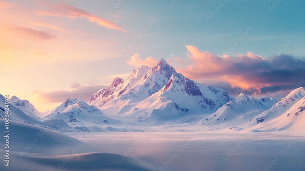 A serene winter landscape featuring majestic snow-capped mountain and a tranquil frozen lake at sunset. A serene winter landscape featuring majestic snow-capped mountain and a tranquil frozen lake at sunset.