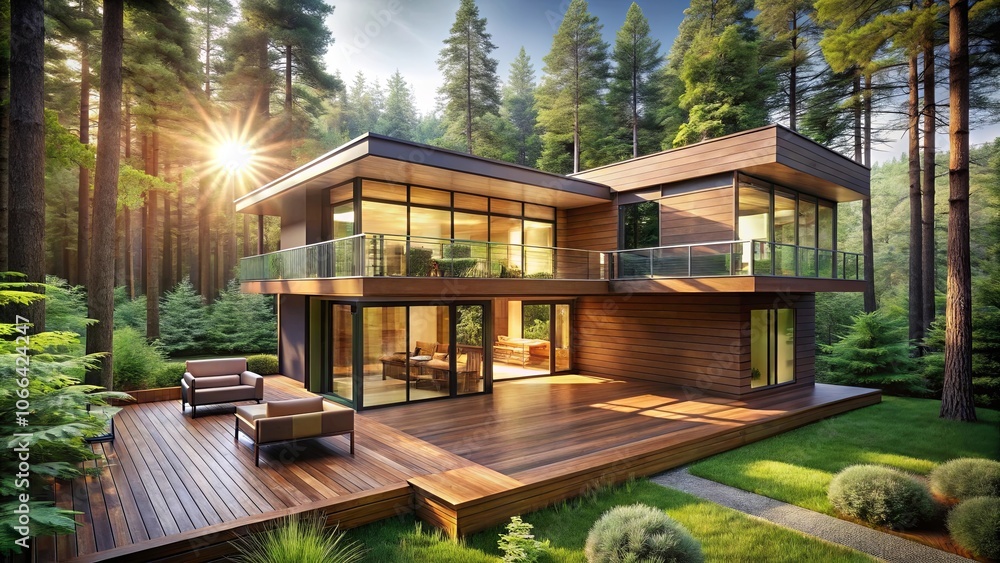 A modern wooden house with a large deck overlooking a lush green forest, bathed in the warm glow of a setting sun. A modern wooden house with a large deck overlooking a lush green forest, bathed in the warm glow of a setting sun.