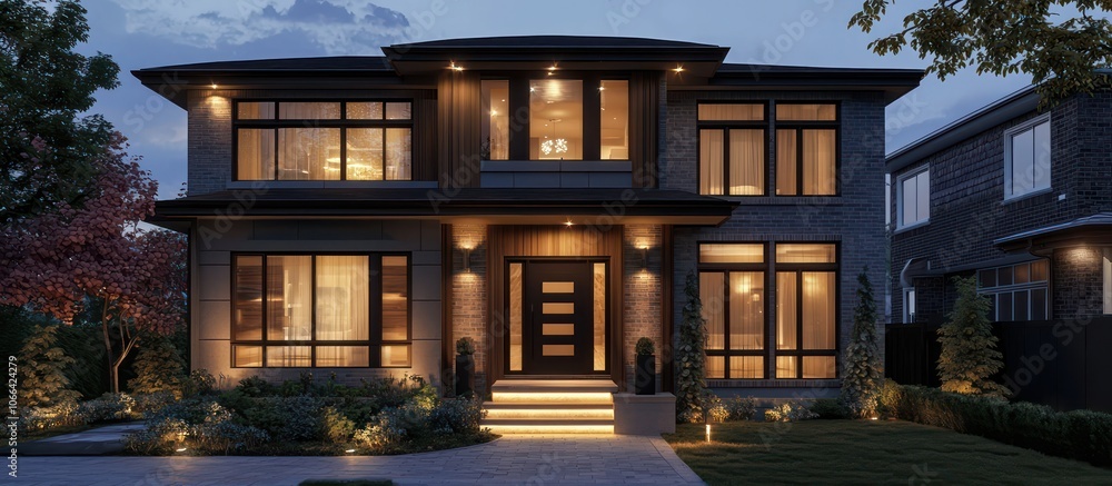 Modern Toronto house with dark accents and evening lighting. Modern Toronto house with dark accents and evening lighting.