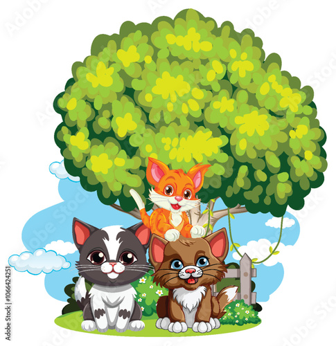 Three Cats Under a Tree