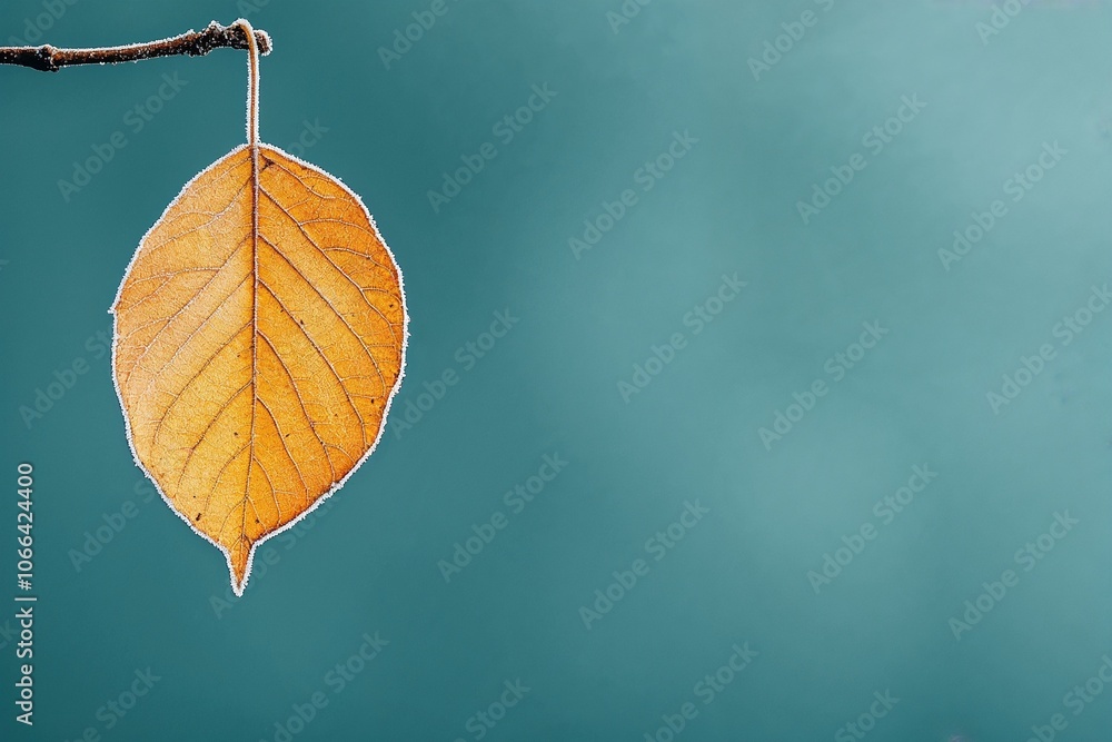 Frosted orange leaf on teal background in winter season Frosted orange leaf on teal background in winter season