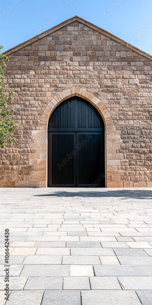 A rustic stone building with a large black door under a clear blue sky in daylight A rustic stone building with a large black door under a clear blue sky in daylight